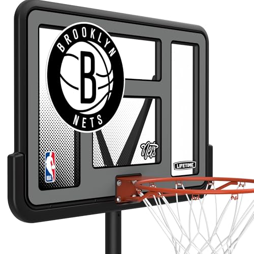 Image of Lifetime NBA Brooklyn Nets Portable Basketball Hoop, Adjustable Height 7.5-10 Ft, 44 Inch Shatterproof Fusion Backboard, Base with Wheels