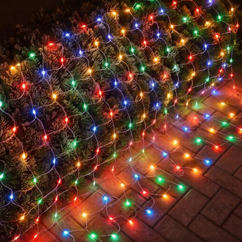 Image of Dazzle Bright Christmas 360 LED Net Lights, 12FT x 5 FT Connectable Waterproof String Lights Clear Wire with 8 Modes, Christmas Decorations for Indoor Outdoor Xmas Yard Garden Decor (Multi Colored)