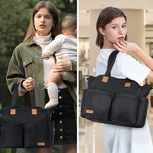Lekebaby Quilted Black Diaper Bag Tote, Large Waterproof Mommy Travel Bag