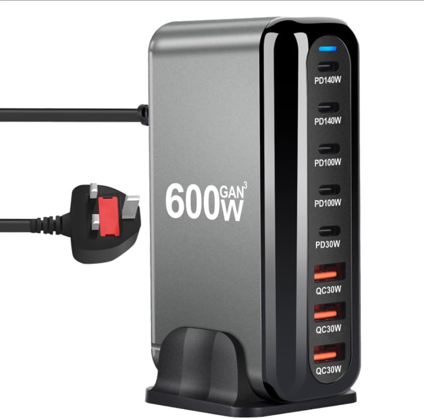 600W USB A&USB C 【New Update】Charging Station,5 Type-C Ports 【2×140W, 2x 100W,1x30W】 and 3 USB Ports 【QC30W】 Charge Charging Station Type-C hub,GaN Technology