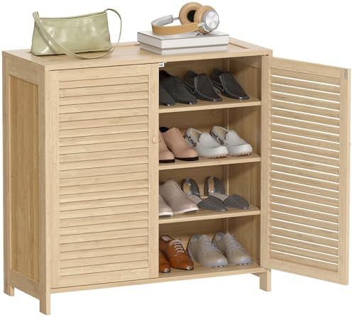 HOMCOM Mueble Zapatero de Bambú, Armario para Zapatos con Puertas...