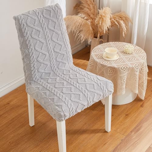 Image of HOMETHREADS Elastic Jacquard Chair Cover-Stretch Fit, Removable & Washable Short Dining Chair Seat Protector - 400gsm Soft & Wrinkle-Resistant Slipcover for Home, Kitchen, Banquet (L.Grey, Pack of 6)