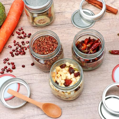 Maredash 8 oz Mason Jars 4 Pack,Small Glass Containers with Lids,8oz Mason Jars with Lids,Canning Jars,The set includes wooden spoons, 2 stickers, and a purple pen,Ideal for jams, spices, candy