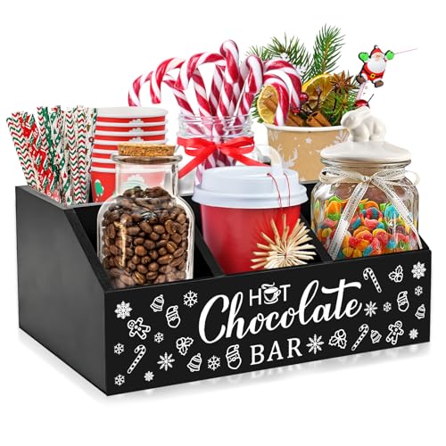 Christmas Hot Cocoa Bar Wood Coffee Station Organizer With 4 Compartment Double Layer Coffee Bar Holder Xmas Basket Organizer Bin For Home Kitchen Farmhouse Office Xmas Holiday Gift Party Supplies
