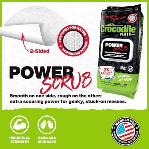 Image of Crocodile Cloth PowerSCRUB - 40 (15 inch x 10 inch) Heavy Duty Cleaning Wipes - Dual-Surface Cloths, Moist, Absorbent, & Disposable - Safe on Skin & Multiple Surfaces