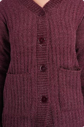 Image of MANRA Women's Woolen V-Neck Buttoned Full Sleeve Cardigan Self Design Soft Wool Fabric Winter Wear Pure Wool Sweater Fully Warm with Front Pockets Stylish Cardigan