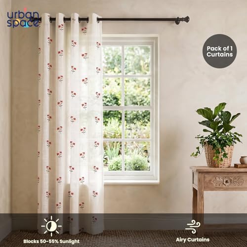 Image of Urban Space Cotton Sheer Curtain Pack of 1, Embroidered Semi Transparent Window Curtains 5 feet for Living Room, Bedroom & Balcony, 1 Pc Curtain with Eyelets and Tieback (Neerja Dark Pink - 5 feet)