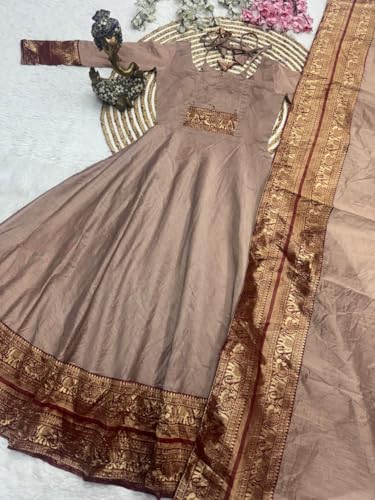 Image of Women's Pattu Cotton Anarkali Kurta with Dupatta | Handwork Embroidery | Jacquard Zari Border | Ethnic Kurti Set for Women