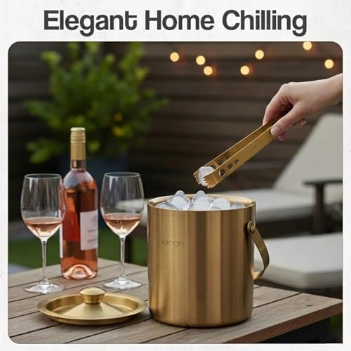 Image of O' Holic by Perch Stainless Steel Double Wall Ice Bucket & Tong - 1500ml | Insulated with Lid & Handle|Bartender Kit |Premium Barware Accessories for Home Bar, Parties, Cocktails & Gifting |Golden