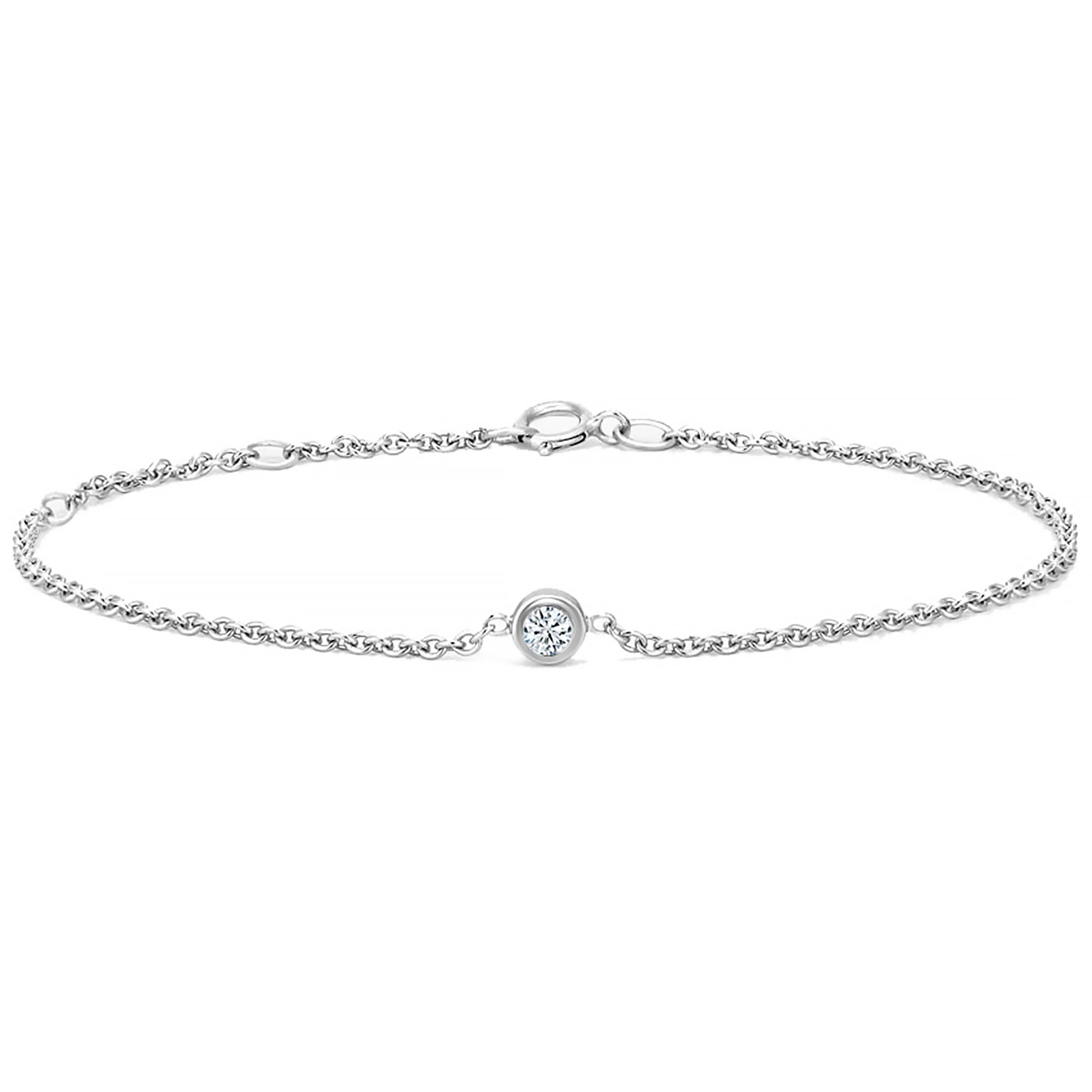 ALLORYA Valentine's Day Gift Solitaire Bezel Set Bracelet for Women with 1/20 ctw Round Lab Grown White Diamond or Cubic Zirconia in 925 Sterling