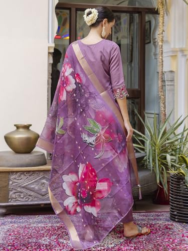Image of VredeVogel Kurta Set with Dupatta | Viscose Roman Silk Embroidered Kurta Set for Women | Women's Ethnic Casual Kurti Set |Kurta Pant Festive Suit