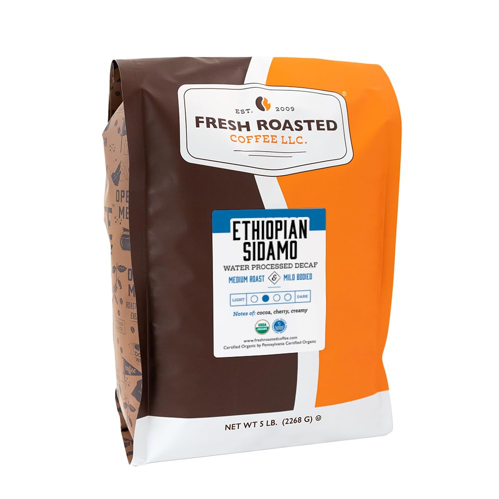 Fresh Roasted Coffee, Organic Ethiopian Sidamo Water-Processed Decaf | USDA Organic, 100% Single Origin, Kosher | Medium Roast 5 lb (80 oz) Whole Bean