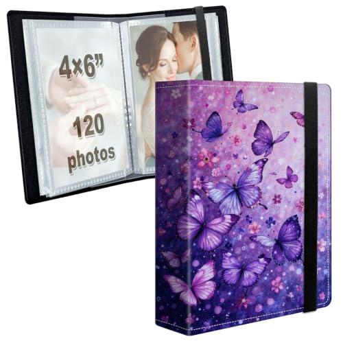 Image of Photo Album 4x6 120 Photos with Strong Elastic Band, Purple Butterfly | Large Capacity Premium Leather Picture Album, Portable Wallet Albums Photo Book for Family Anniversaries Wedding Baby
