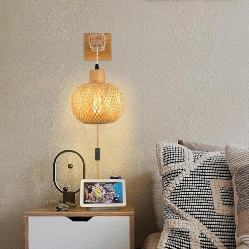 Lámpara de pared linterna de bambú apliques de pared LED interior con interruptor