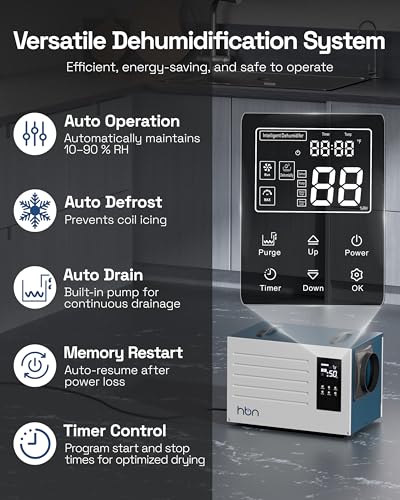 Image of HBN Crawl space Dehumidifier 125 Pints with Pump and Drain Hose, Industrial Dehumidifier for Basement and Commercial up to 5900 Sq. Ft, Large Capacity, Built-in 24-Hour Timer