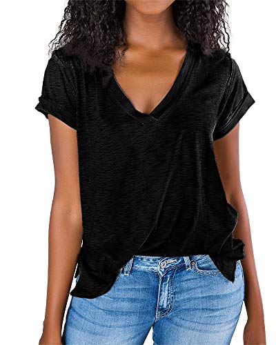 Imily Bela Womens V Neck T Shirts Summer Casual Short Sleeve Loose Tshirts Side Slit Basic Tees ( Purple, Medium)