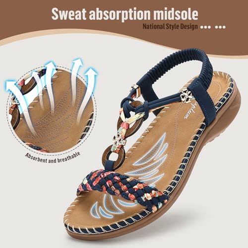 Image of Littleplum Women Sandals Arch Support Handmade Bohemian Braided Flat Sandals Comfort Walking Beach Ankle Elastic Summer Shoes