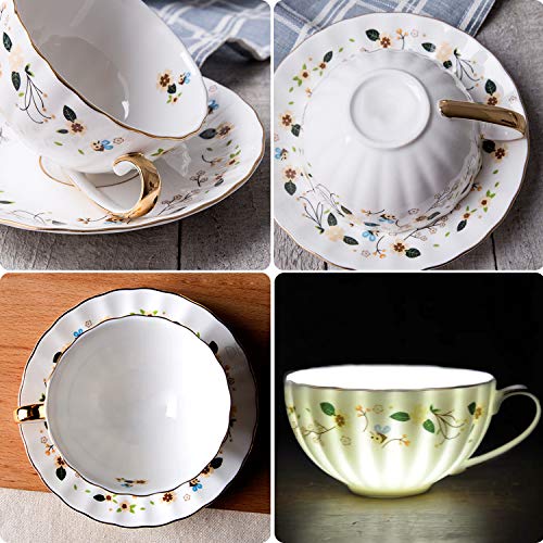 A-SZCXTOP Ceramic Tea Cups Set of 2, Coffee Cups (225 ml) with Saucers and Spoon in Gift Box, European Bone China Tea Set (White+Applique) - Image 6
