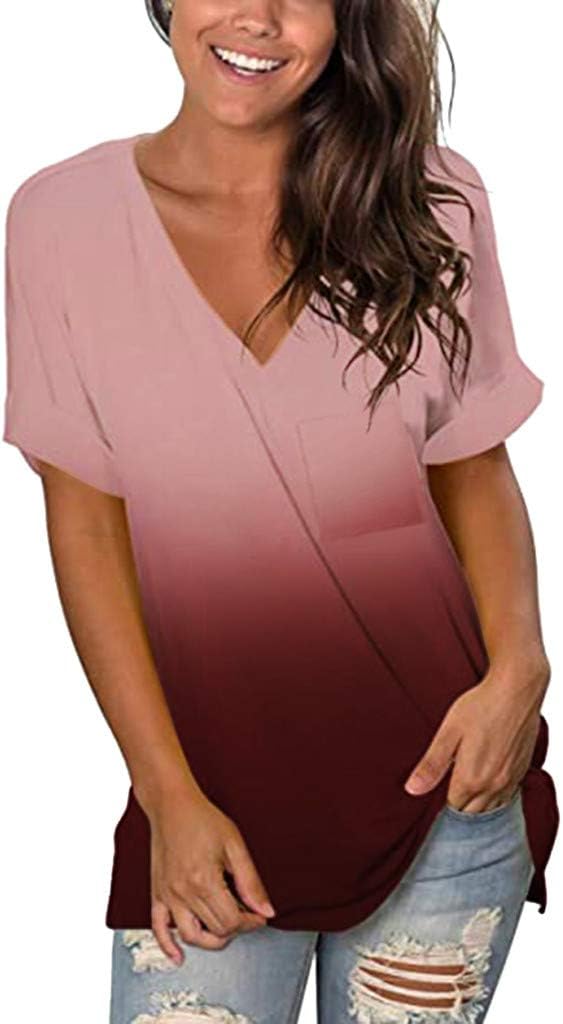 Summer Women's V-Neck Short Sleeve Tops Floral T Shirts Casual Relaxed Tie Dye Shirt Blouse