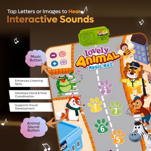 Image of Baby Lovely Animal Music Mat - Educational Piano Mat with Piano Keys, Sounds, Animal Designs - Stimulates Baby's Senses & Motor Skills - Perfect for 12 Months+, Size - 100x60 CM