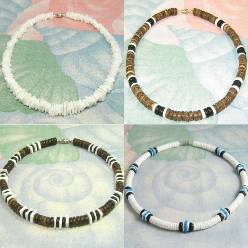 Native Treasure (4 Pack) Mens and Womens Summer Beach Surfer Necklaces From the Philippines, White Ark Shells with Brown and Black Coconut Beads, Mens Summer Necklaces2