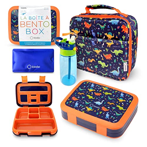 Image of kinsho Bento Lunch Box with Insulated Bag, Water Bottle&Ice Pack Set for Kids Toddlers,5 Portion Sections, BPAFree Removable Tray, PreSchool Kid Toddler Daycare Lunches, Snack Container,Blue Dinosaur