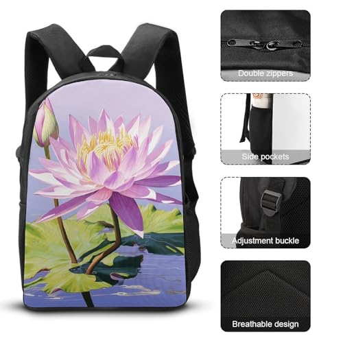 3 Piece Backpack for Women Men Lightweight Causal Daypack Shoulder Bag Set with Insulated Lunch Bag And Pencil Case Organizers Purple Water Lily3
