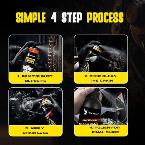 Image of BLACKBIRD Bike Care Kit Chain Lube Spray 220ml, Chain Cleaner Spray 220ml, De-Rust 120ml, All in One Polish 200ml, Chain Cleaning Brush & 2 Pc Microfiber Cloth Motorcycle Cleaning Maintenance Combo