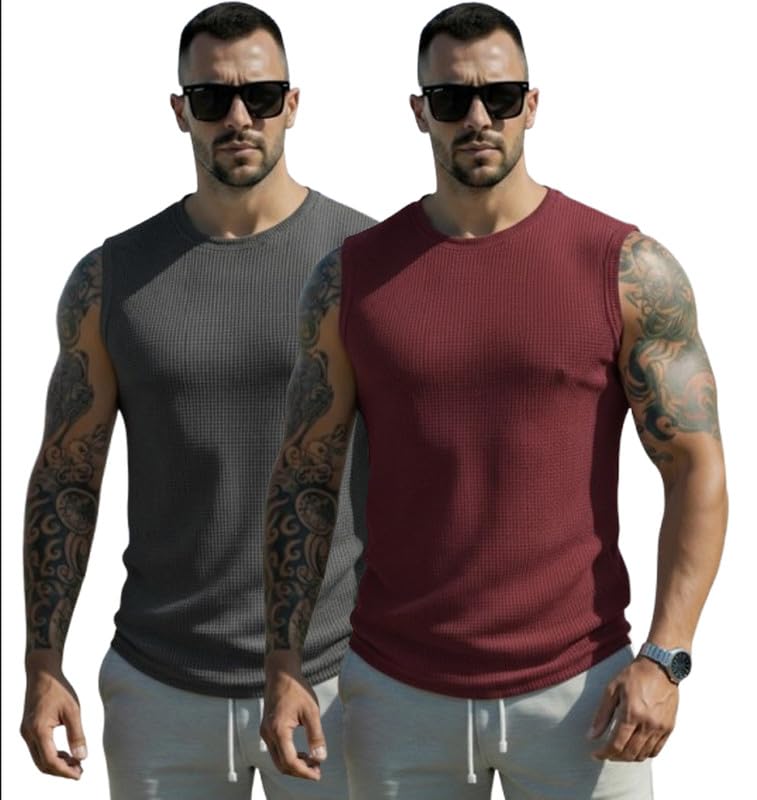 Men's Polycotton Waffle Tank Tops Sleeveless Round Neck T-Shirt for Gym, Running and Outdoor Combo Pack of 2-picture-56