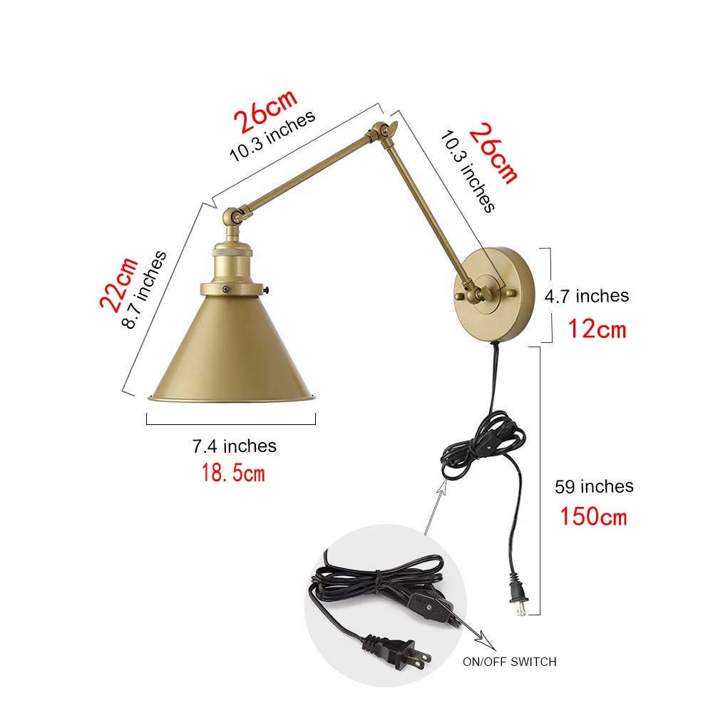 Appliques murales industrielles E27 avec interrupteur à prise et câble de 1,5 m rétro réglable extensible flexible en métal lampe de chevet intérieure lampe de lecture pour chambres salon bureau éclai