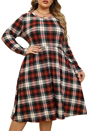 Image of Nemidor Women's Round Neck Long Sleeve Casual Plus Size Fit and Flare Midi Dress with Pocket NEM169