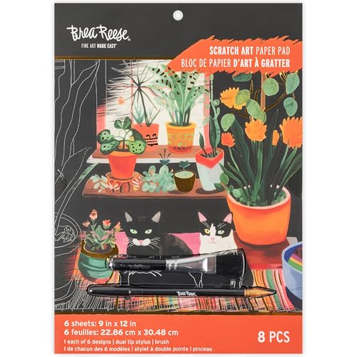 Brea Reese: Scratch Art Paper Pad - Cozy Cats - 6 Designs Guided Art Metallic Accents Dual-Tip Stylus & Brush 9x12 Pages Adult Craft