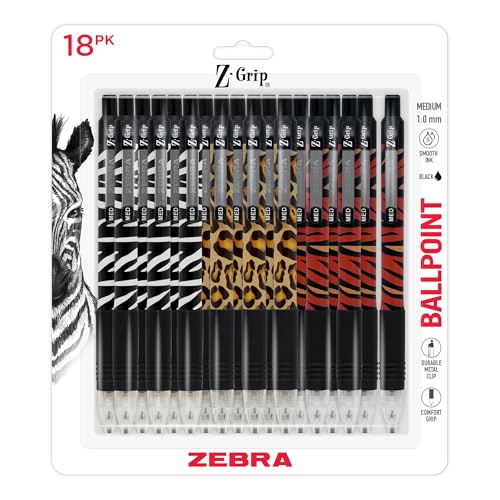 Image of Zebra Pen Z-Grip Animal Print Retractable Ballpoint Pen, Black, 1mm, 18-Pk | Smooth Writing, Medium Point Tip, Ideal for Planners, Note-Taking, School and Office Supplies, and Everyday Writing (22818)