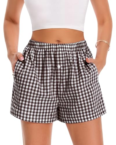 Image of Women Boxer Shorts Summer Gingham Pj Casual Plaid Bottoms with Pocket