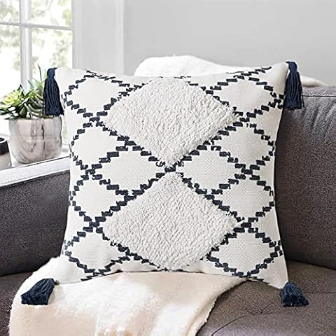 Alynsehom Decorative Tufted Throw Pillow Covers 18x18 Inches,Geometric Pattern Square Pillow Cases Pillowcase Cushion Cover with Tassel Sofa Couch Bedroom Home Decor (Navy Blue, 18" x 18") Cover