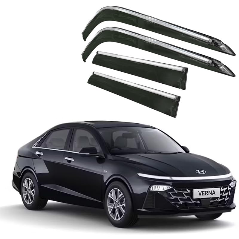 Image of CAR SAAZ Side Door Visors for Verna (2023-Present)(Set of 4Pcs)|Chrome Lined Rain Guards, Polycarbonate, Smoke Finish