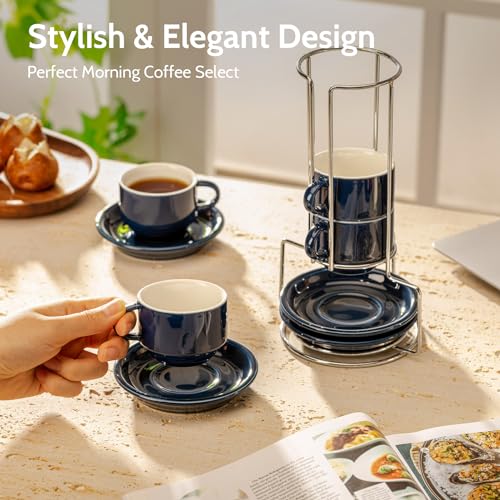 Image of Sweese 4 Ounce Porcelain Stackable Espresso Cups with Saucers and Metal Stand Set of 4, Navy