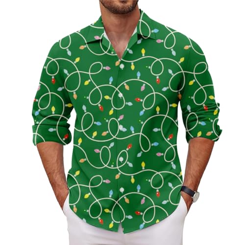 Mens Christmas Shirt Funny Christmas Lights Button Up Long Sleeve Green Xmas Hawaiian Shirts