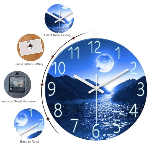 Image of XFM Blue Moon Wall Clock Battery Operated 14 Inch Silent | Non-Ticking Modern Glass Nature Round Analog Decorative for Kitchen Bedroom Living Room Office