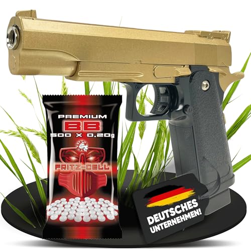 fritz-cell Airsoft Pistole 1911 Federdruck <0,5 Joule 6 mm BB (FC6GD, Gold) | Vollmetall Ausführung in schwerer Bauweise verbindet das bestätigte Material mit der Konstruktion des Modells
