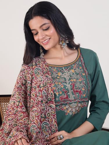 Image of INDO ERA Women's Silk Blend Ethnic Motifs Embroidered Straight Kurta & Pant with Dupatta Set (IESTR12341)