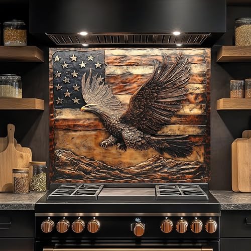 American Bald Eagle & Flag Design Kitchen Backsplash, Tempered Glass Backsplash, Heat Resistant Backsplash, Copper Look Glass Back Splash Stick on Tiles for Kitchen, Easy to Clean Stove Backsplash