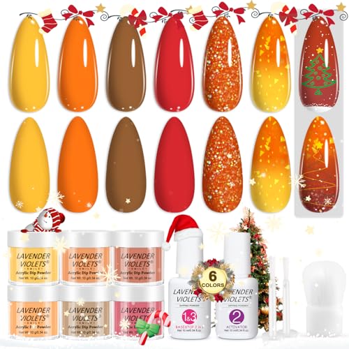 Lavender Violets 12Pcs Halloween Dip Powder Nail Kit Starter - 6 Colors Yellow Orange Color Changing Dipping Powder Liquid Set with Base & Top Coat Activator for Nail Art Manicure M206