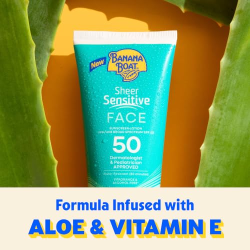 Image of Banana Boat Sheer Sensitive Face Sunscreen Lotion SPF 50, 3 Fl Oz | Travel size sunscreen for face, Lightweight formula, Water resistant sunblock, Quick sheer application