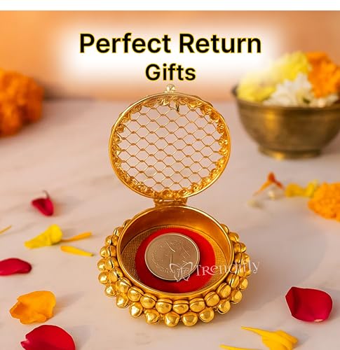 Image of Trendifly Golden Metal Ghungroo Round Gold Silver Coin Cash Shagun Box | Decorative Ring Coin Sikka Storage Box | Wedding Pooja Baby Shower Rakhi Shagun Return Gifts