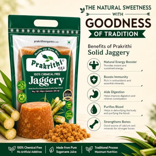 Image of PRAKRITHI ChemicalFree Solid Jaggery Naturally Clarified with Ladys Finger Extract | Traditional Unrefined Desi Gur | No Chemicals or Preservatives | Bucket Shape pack 3