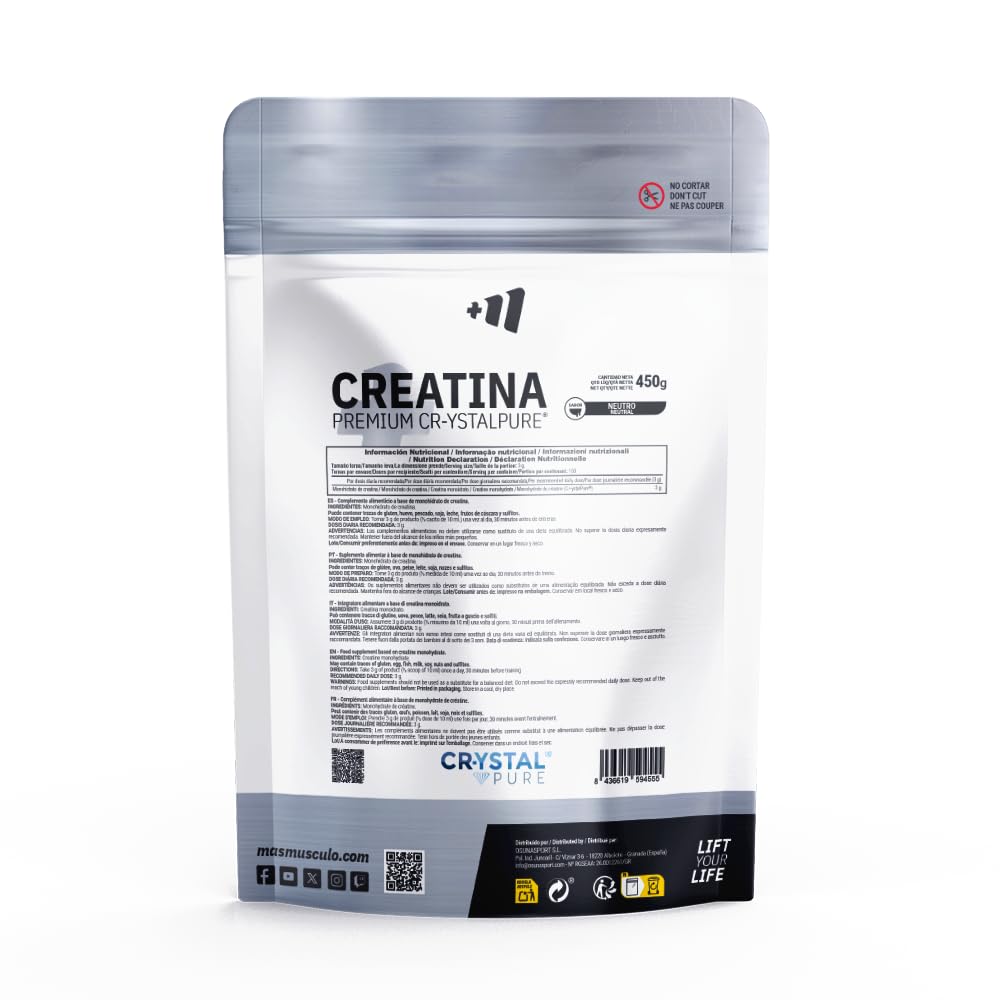 MASMUSCULO - Creatina Premium Cr-ystalpure® - 450g - 99.99% Creatina Monohidrato Neutra - Creatina Pura - Aumento Masa Muscular - Mayor Resistencia y Rendimiento