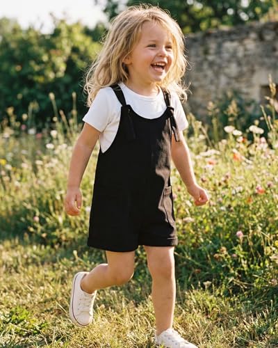 Image of HINTINA Toddler Girl Overall Shorts Set Adjustable Loose Jumpsuit Short Sleeve T-shirt Vacation Summer Outfits with Pockets