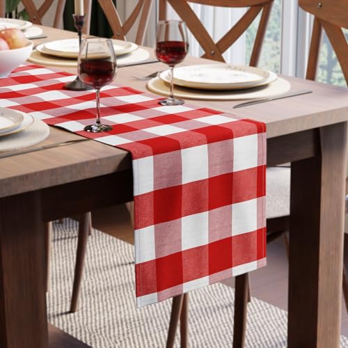 Image of Encasa XO Cotton Table Runner for 4 to 6 Seater | Size 13x72 in | Buffalo Red Checks - Machine Washable & Durable