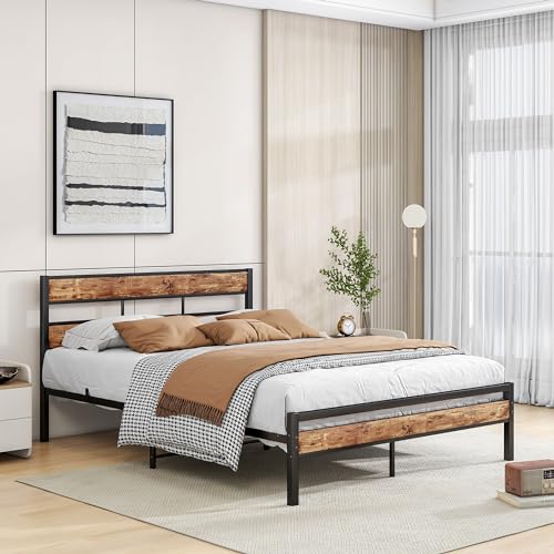 HOJINLINERO King Size Bed Frame with Wooden Headboard,Matel Bed Frame King Size/Kingsize Bed Frame Mattress Base,Strong Metal Slats Support No Noise,Solid Metal Bed Frame Double Bed,Black+Rustic Brown 3 HOJINLINERO King Size Bed Frame with Wooden Headboard,Matel Bed Frame King Size/Kingsize Bed Frame Mattress Base,Strong Metal Slats Support No Noise,Solid Metal Bed Frame Double Bed,Black+Rustic Brown - Image 3